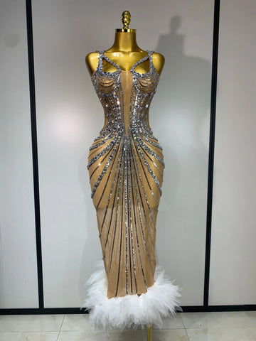 Sexy Silver Rhinestone White Mesh See Through Long Dress Women Luxury Birthday Party Prom Gown Singer Nightclub Stage Outfit Silver