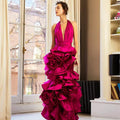 Bright Rose Pink Pleated Halter Sleeveless Evening Dress Fashion Female Formal Banquet Party Prom Gowns robes de soirée