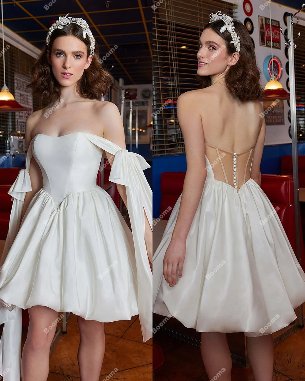 Linia krótkie sukienki ślubne księżniczki Bow Belpeart Sukienki bez pleca