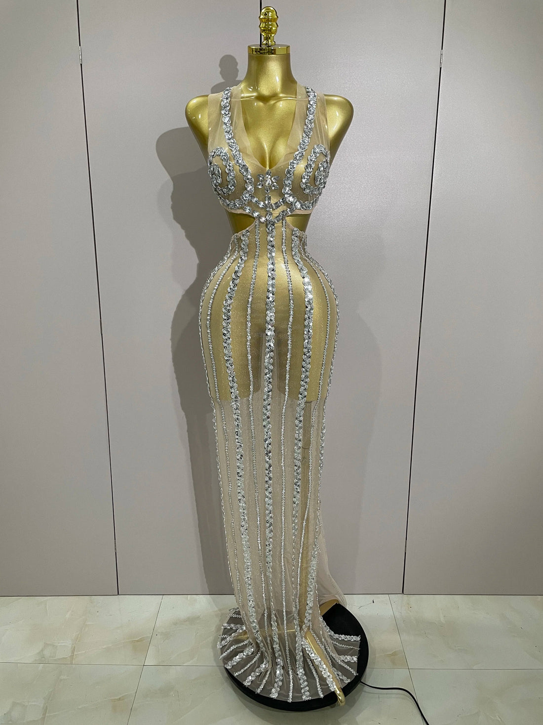 Luxury Sparkly Diamonds Sequins Sexy Mesh See Through Long Dress Women Celebrate Birthday party Dresses Festival Costume Silver