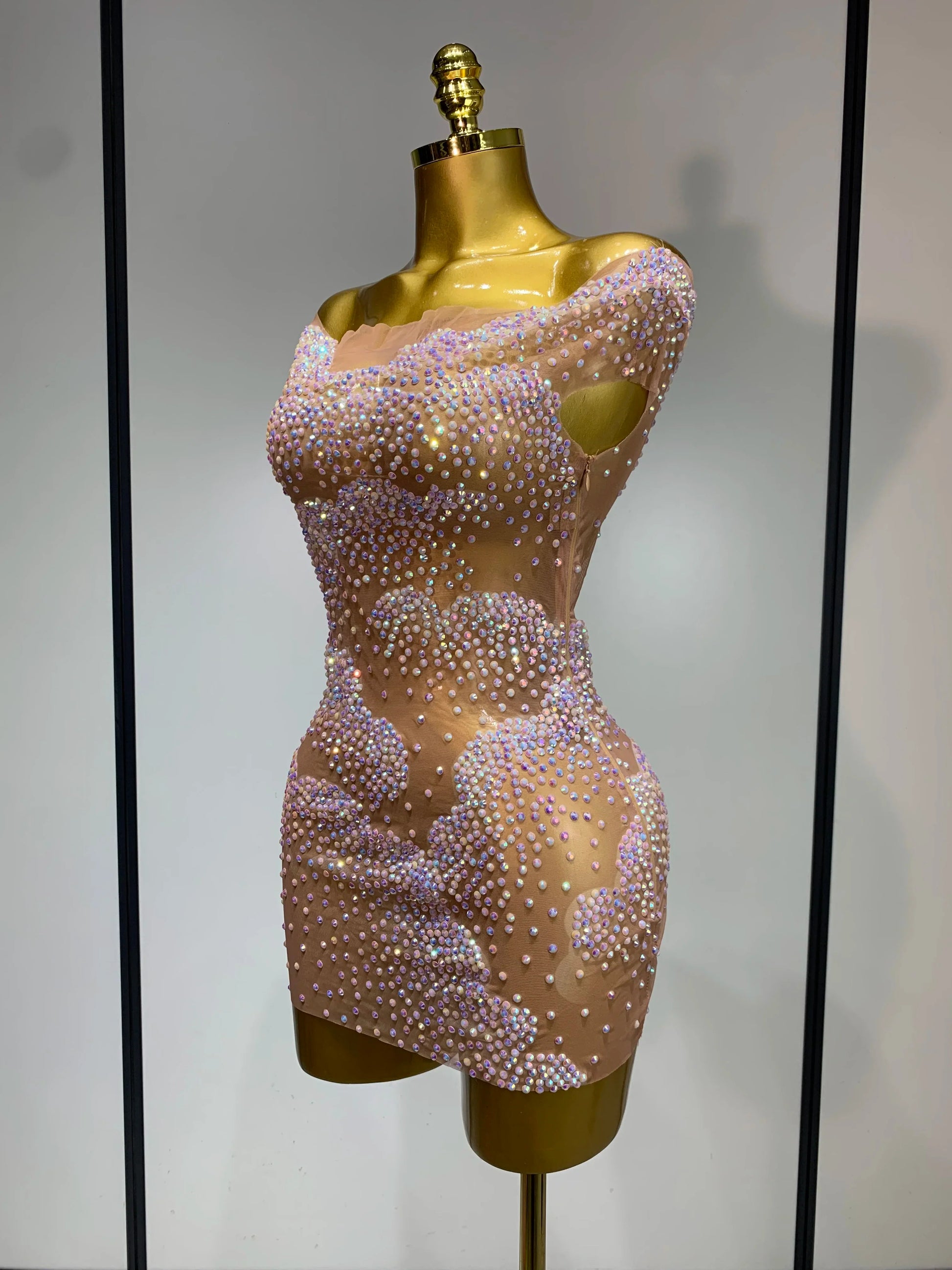 Women Sexy Mesh See Through Mini Dress Celebrate Birthday Evening Party Dress Luxury Rhinestones Stage Performance Costume