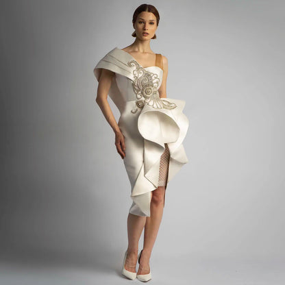 Vestido de novia de boda de alta costura, vestidos de fiesta cortos con cuentas y volantes, vestidos de noche formales de diseño único, longitud hasta la rodilla por debajo de la rodilla, personalizado