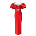 Women Short Puff Sleeve Sexy Square Collar Shinning Crystal Bodycon Long Bandage Dress Celebrate Evening Party Birthday Outfit Red