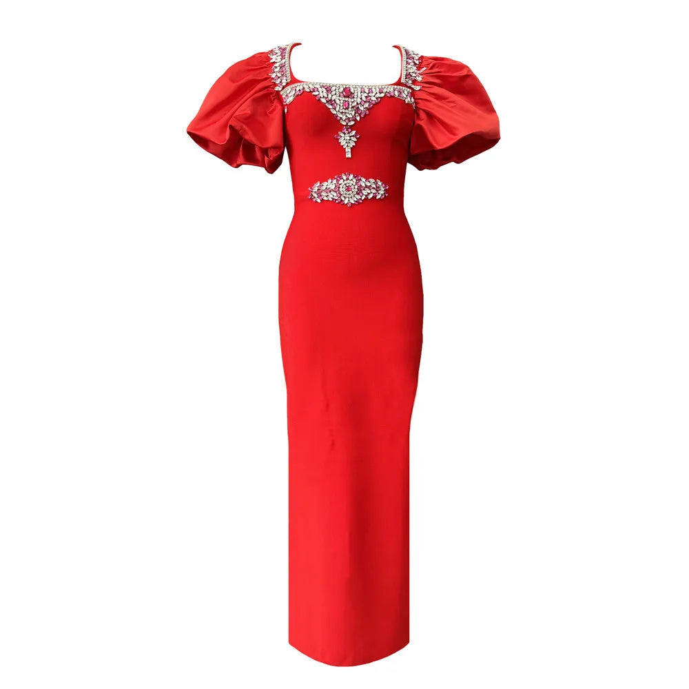 Women Short Puff Sleeve Sexy Square Collar Shinning Crystal Bodycon Long Bandage Dress Celebrate Evening Party Birthday Outfit Red