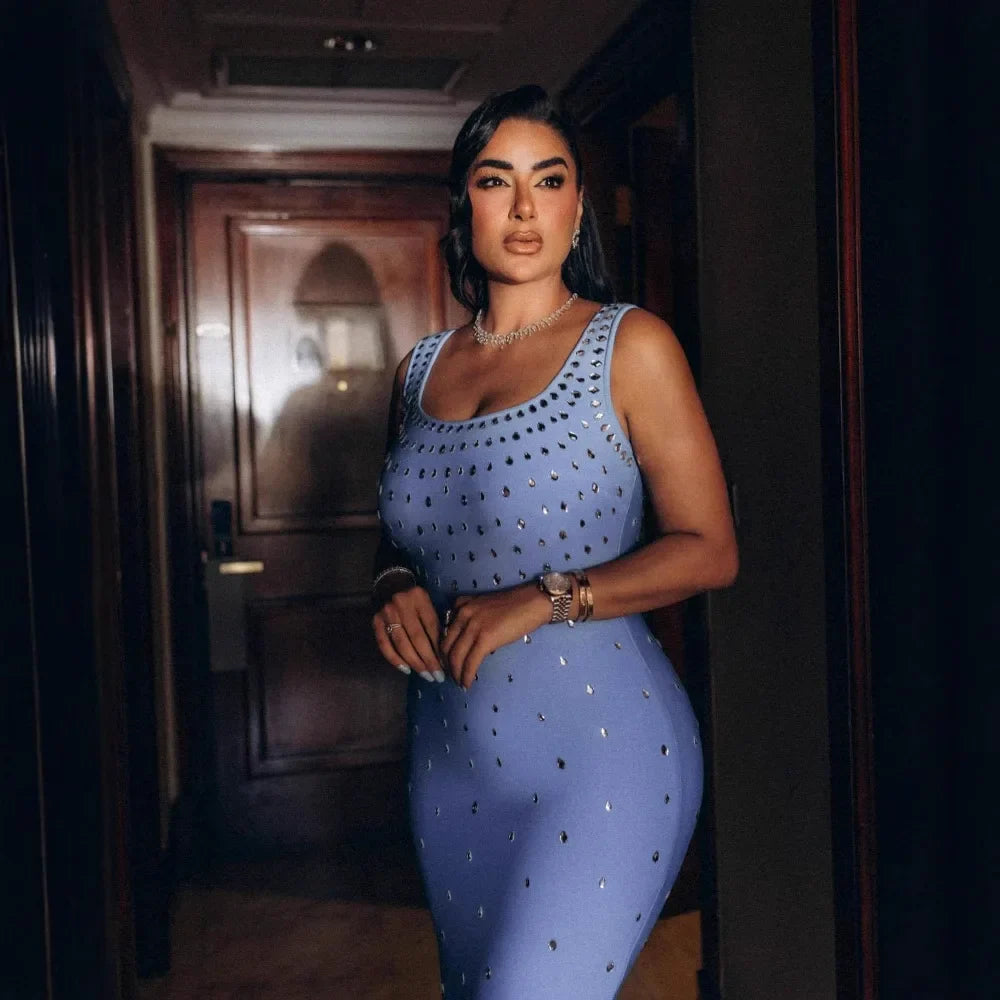 Top Quality Women Sleeveless Sexy O-Neck Shinning Crystal Bodycon Bandage Long Dress Evening Party Celebrate Cocktail Outfit Blue