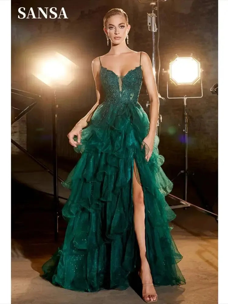 Lace Embroidery Edge Curl Prom Dress Elegant Dark Green Multilayer