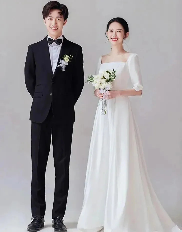 Women Bride Dress Sweet Short Sleeve Small Train Wedding Dress Simple A-line Lace Up Satin Custom Made To Measures Floor Length Ivory 14w