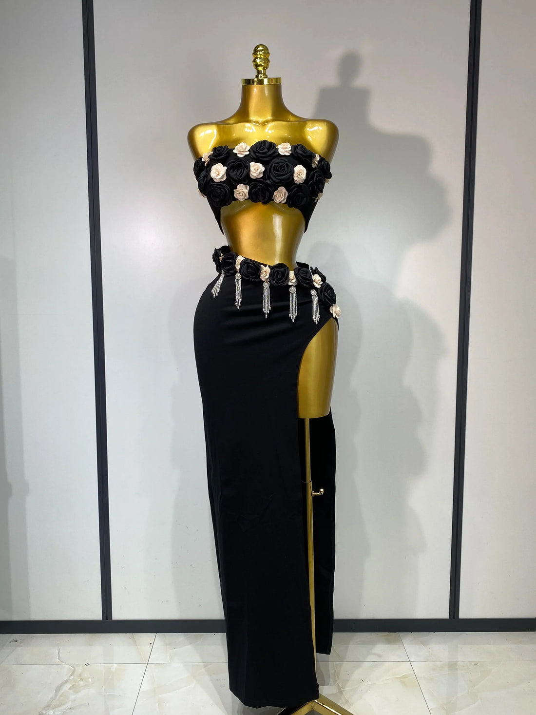 Women Sexy Flower Strapless Top High Slit Long Skirt Elegant Evening Party Two Piece Set Luxury Birthday Club Gown black