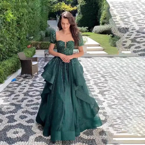 Green A-Line Glitter Wedding Dresses Sweetheart Ruffles Bridals Party Gowns Short Sleeves Formal Brides Dress with Train Green