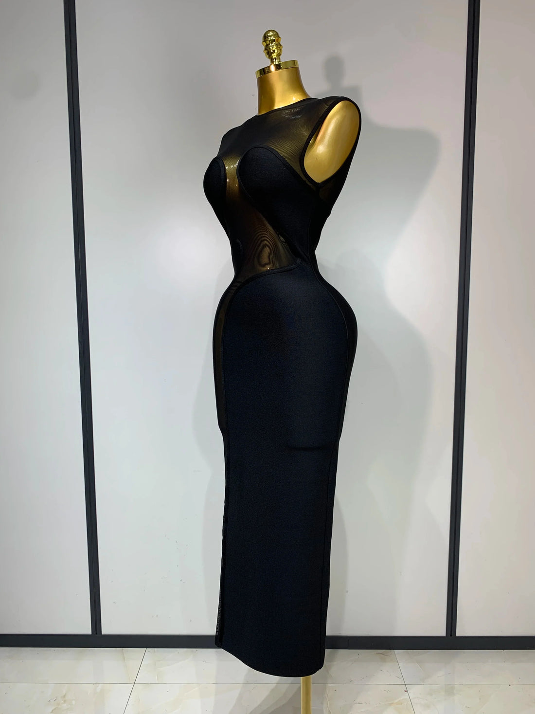 Women Sexy Mesh Patchwork Bandage Round Neck Sleeveless Bandage Dress Celebrity Elegant Evening Party Dress Club Wedding Gown black