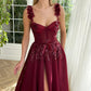 Burgundy Heart Shaped Neck Prom Dress Lace Tulle Fabric High Side Split Strao vestidos de fiesta Sleeveless فساتين السهرة