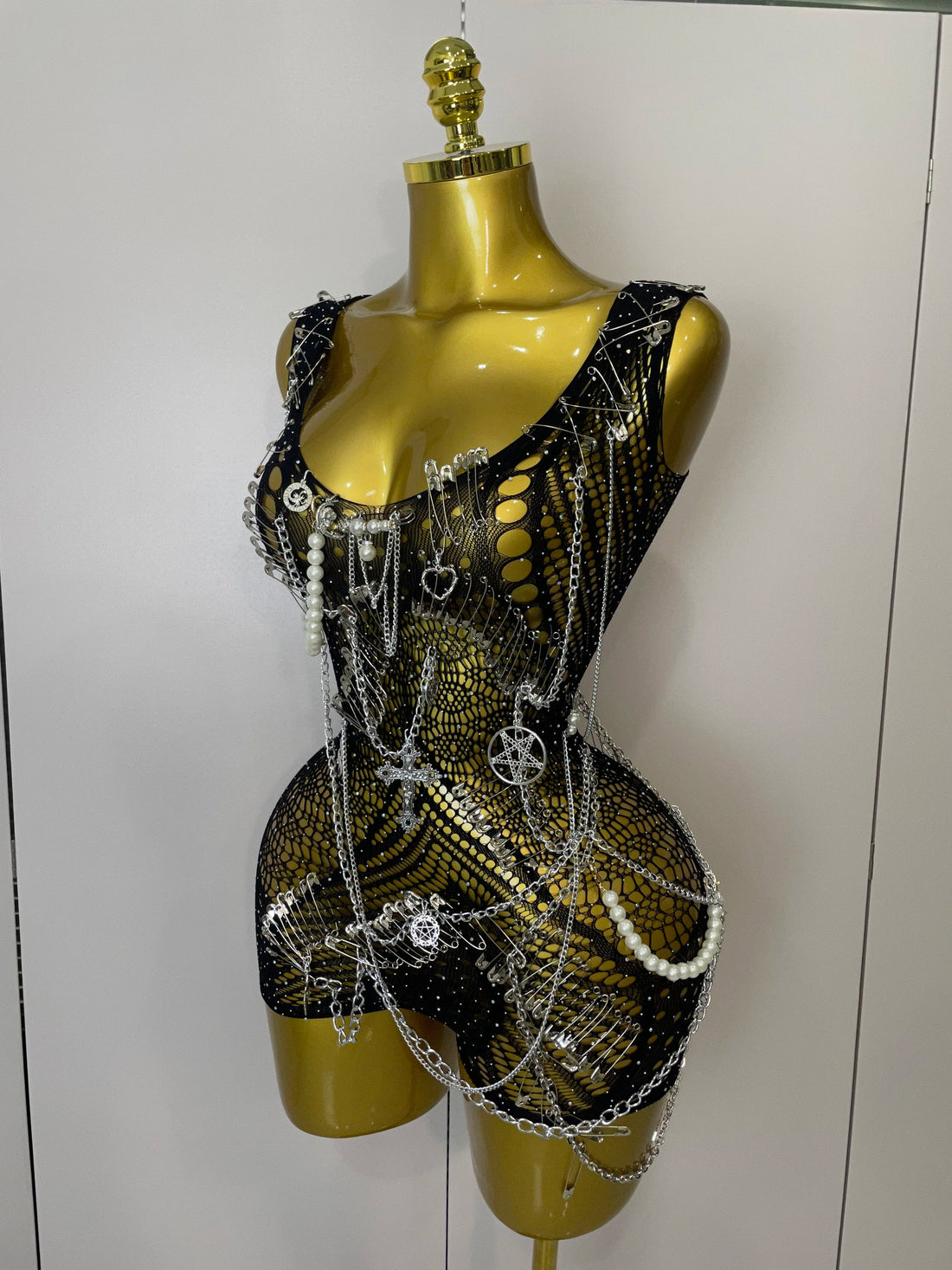 Women Sexy See-Through Bodysuit Black Pin Sheath Mini Dress Evening Birthday Party Nightclub Singer Dancer Performance Costume black