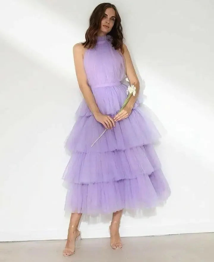 Tiered Tulle Prom Dresses High Neck Tea length A Line Formal Party Prom Gowns Sleelveless Evening Gowns Elegant lilac