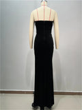 Luxury Shining Diamonds Sexy High Slit Stapless black velvet Long Dress Elegant Woman Birthday Party Dress Goddess Vestido