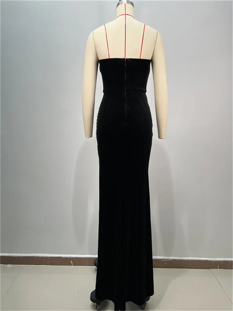 Luxury Shining Diamonds Sexy High Slit Stapless black velvet Long Dress Elegant Woman Birthday Party Dress Goddess Vestido