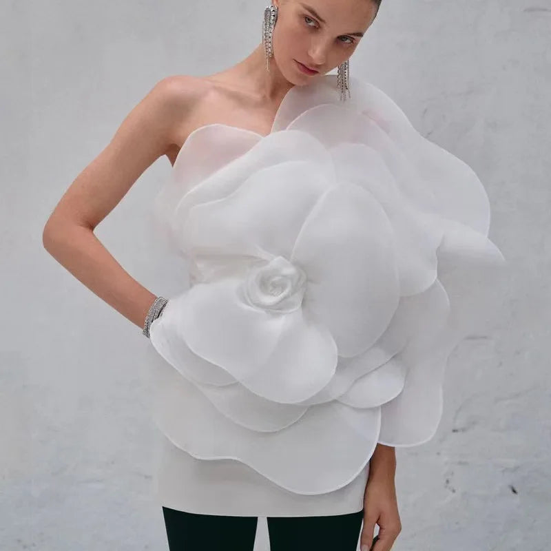 Summer Women'S Dress Sexy One Shoulder Sleeveless 3D Mesh Flower Patchwork Satin Mini White Wedding Dress