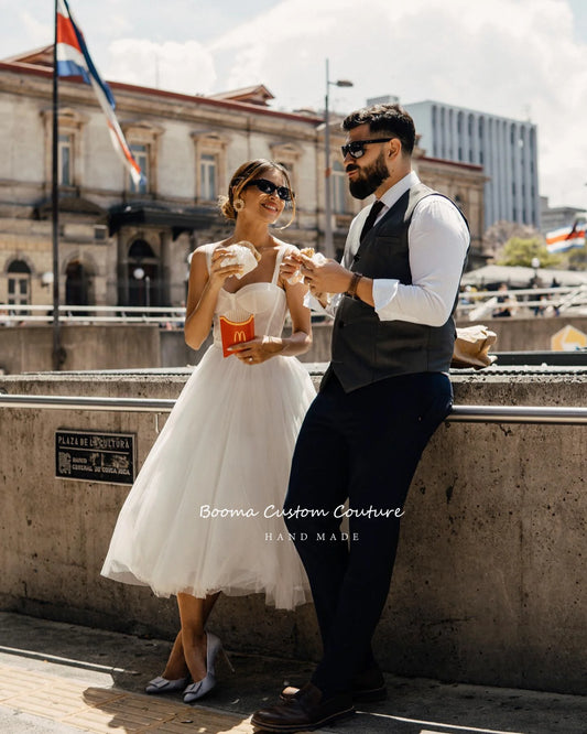 Modern Sweetheart Short Wedding Dresses Spaghetti Straps Bustier Tea-Line Tulle Midi Gaun Pengantin Sipil Tulle Midi