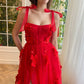 Red Prom Dresses Flora Appliques Vestidos De Noche Spaghetti Strap Sleeveless Lace-Up Back Sexy Side Split Birthday Dress