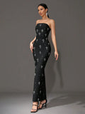 Sexy Women'S Light Luxury Rhinestone Bandage Dress Strapless Sleeveless Bodycon Backless Long Dress Christmas Party Vestido
