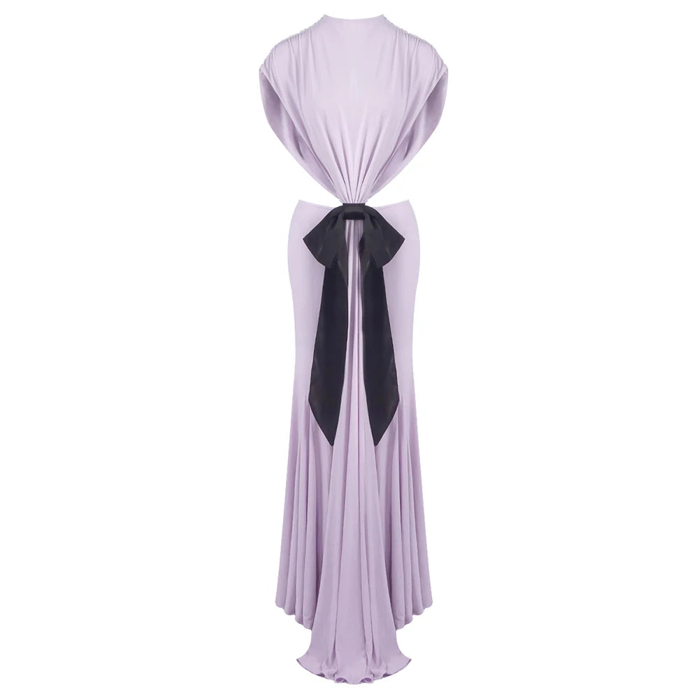 Stylish Chic White Halter Sleeveless Backless Cutout with Bow Detail Maxi Dress Evening Gown Lavender