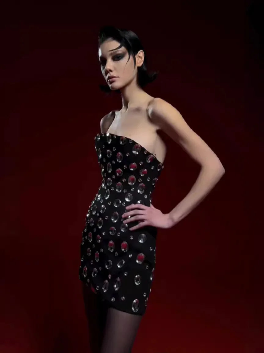 Luxury Sparking Diamonds Strapless Bandage Mini Evening Dress Sweet Woman Birthday Party Dress Performance costume