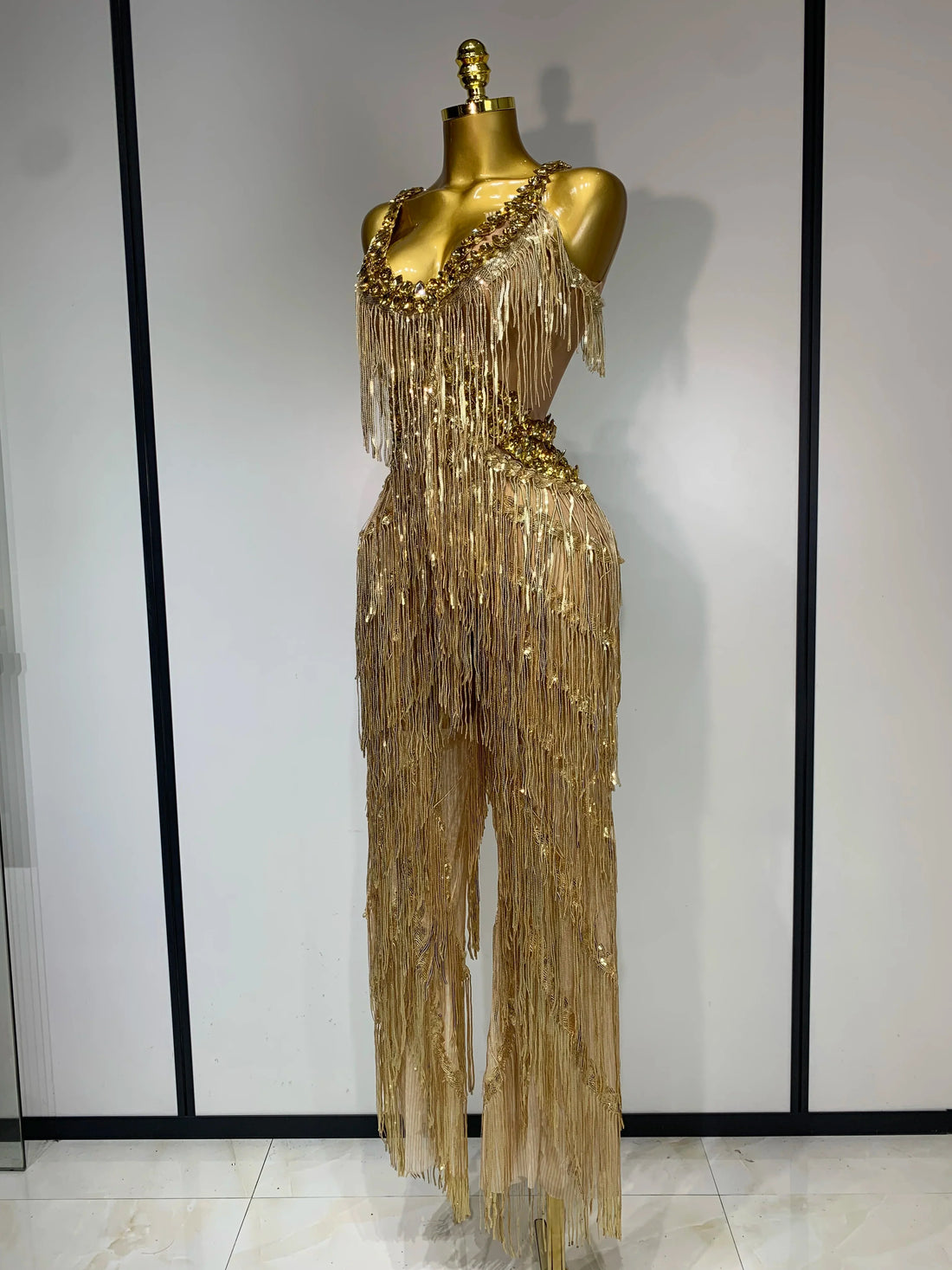 Women Sparkly Glod Rhinestones Sequined Fringe jumpsuit Sexy Nightclub Party Birthday Outfit Show Singer Stage Perform Costume Gold