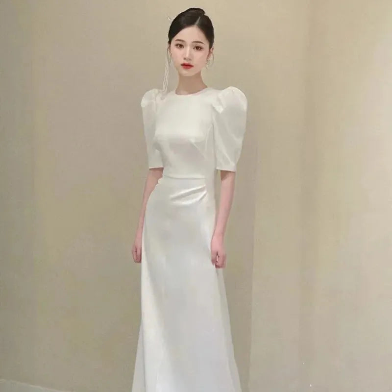 Bride French White Wedding Dress Women Sexy Backless Satin Half Sleeve Mermaid Dresses Elegant Evening Guest Long Party Dress White