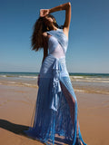 Sleek Light Blue Sleeveless Dress with Fringe Ruched Waist And Mesh Detail Soft Summer Vacation Gown for Women