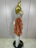 Luxury Sparkling Diamond Feather Mesh Tight Sexy Mesh Long Dress Women Birthday Party Nightclub Stage Performance Costume