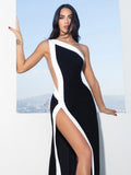 Unique Black White One-Shoulder High Slit Cut-Out Design Dress for Fashion Events Evening Gown