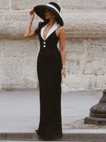 Stylish Black White Color Block Deep V-Neck Halter Sleeveless Long Dress Summer Date Daily Gown