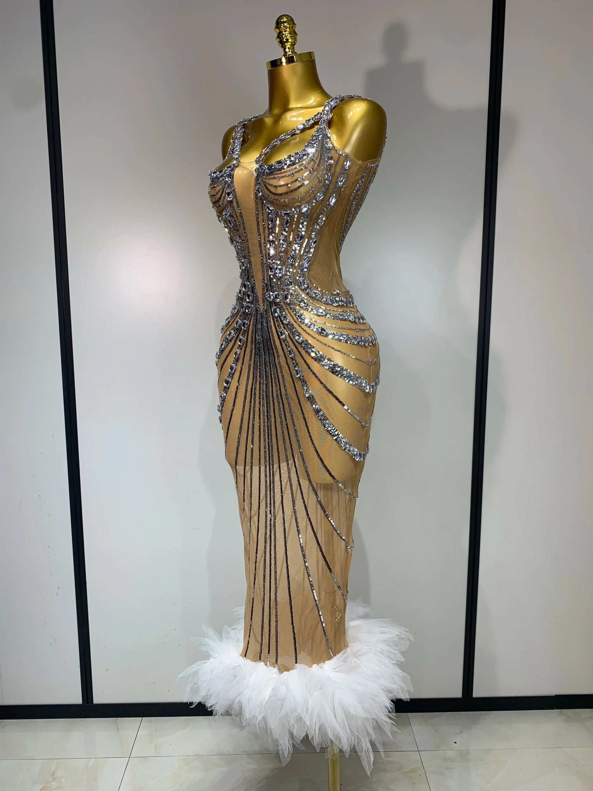 Sexy Silver Rhinestone White Mesh See Through Long Dress Women Luxury Birthday Party Prom Gown Singer Nightclub Stage Outfit