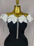 Women Celebrity Sexy Off Shoulder Flower Diamonds Black Bow Tie Maxi Long XL Bandage Dress Elegant Evening Club Party Dress
