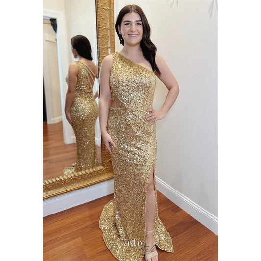 Gold Glitter Prom Dresses One Shoulder Mermaid vestidos de noche Elegant Sleeveless Floor-Length Side Split Formal Evening