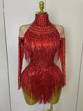 Women Sparkly Rhinestone Sequin Tassel Stretch Bodysuits Birthday Party Nightclub Dj Stage Performance Costume Hot Red