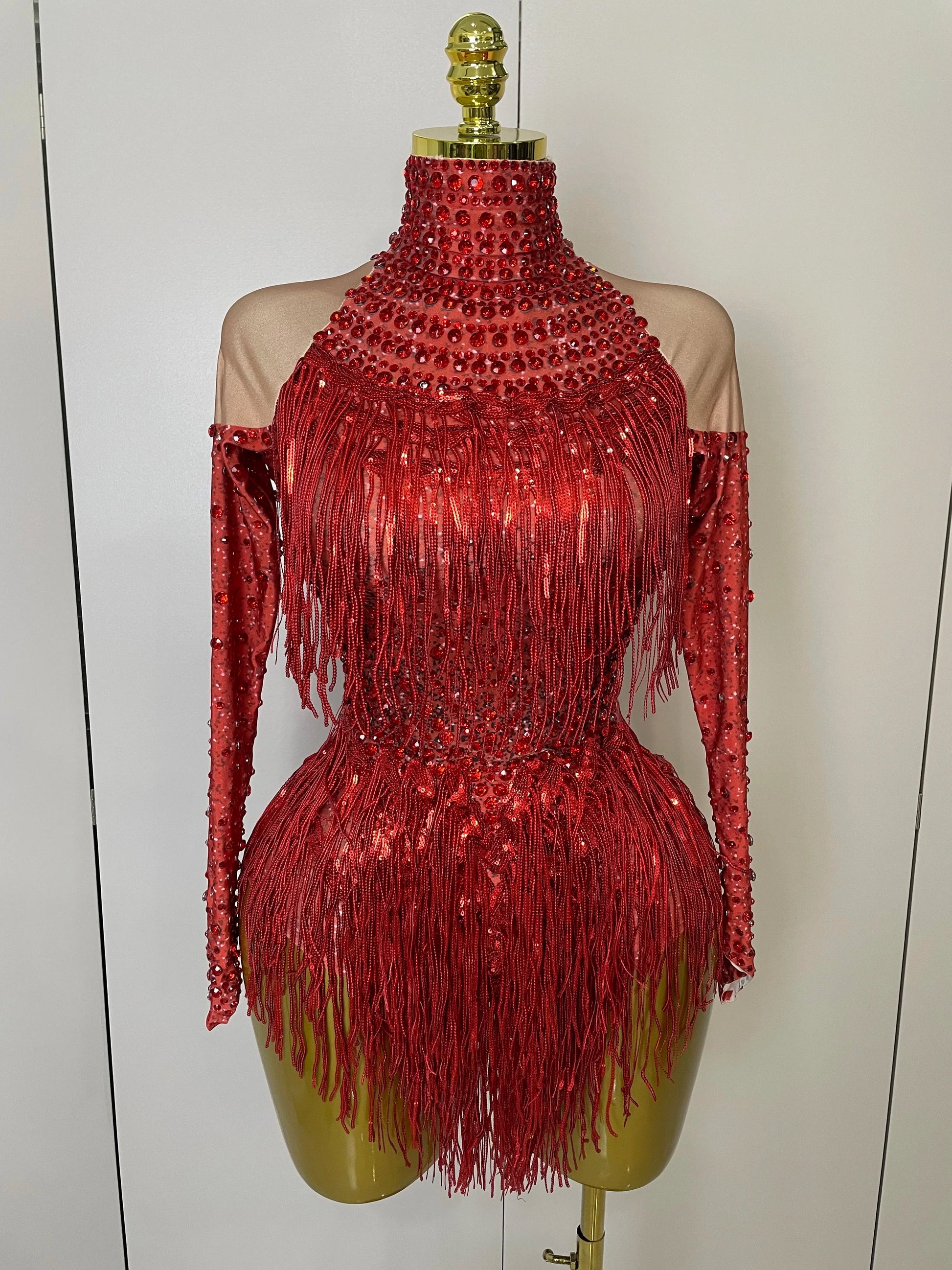Women Sparkly Rhinestone Sequin Tassel Stretch Bodysuits Birthday Party Nightclub Dj Stage Performance Costume Hot Red
