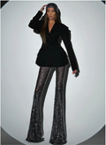 Stylish Woman Oversize Suit Coat And Shining Diamonds Mesh Pants 2 Pieces Set Fashion Woman High Street Wear Party Outfit black