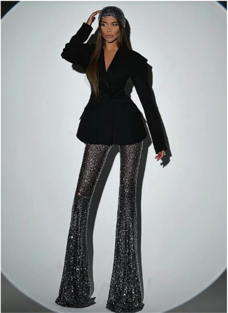 Stylish Woman Oversize Suit Coat And Shining Diamonds Mesh Pants 2 Pieces Set Fashion Woman High Street Wear Party Outfit black