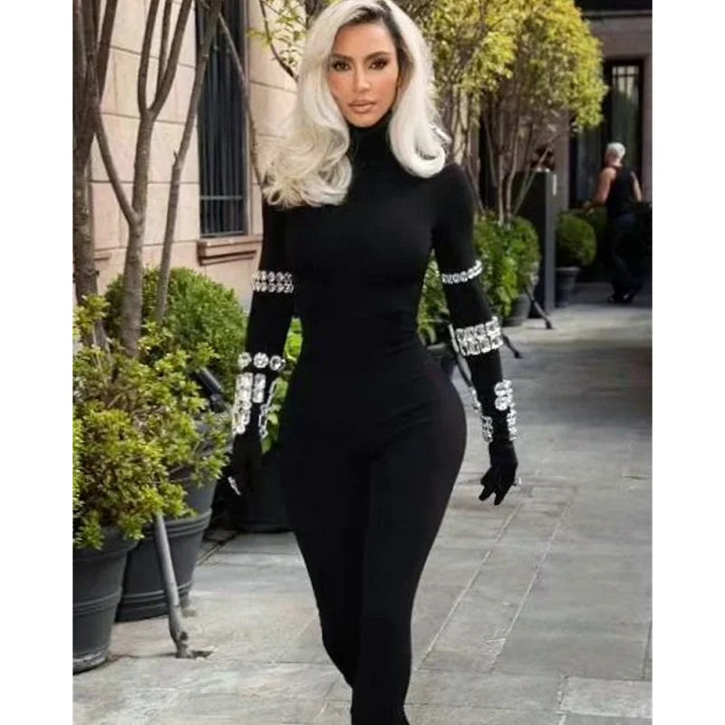 Shining Diamonds Sleeve Black Bodycom Bandage Jumpsuit Fashion Woman Party Outfit Nightclub Performance Costume