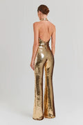 Golden Sequins Stylish Flare Pants Halter Blackless Jumpsuit Woman Fashion Party Outfit Stage Performance Costume
