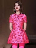 Elegant Dresses For Women Chic Beautiful Flower Jacquard Hot Pink Gowns Short Sleeve Mini Dresses Summer