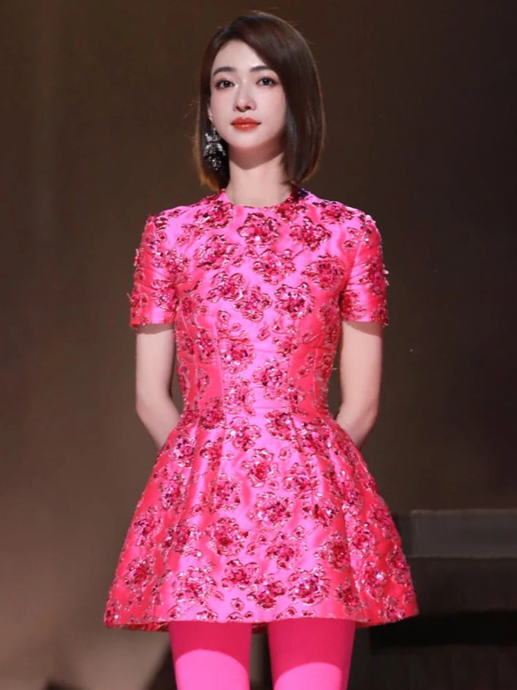 Elegant Dresses For Women Chic Beautiful Flower Jacquard Hot Pink Gowns Short Sleeve Mini Dresses Summer
