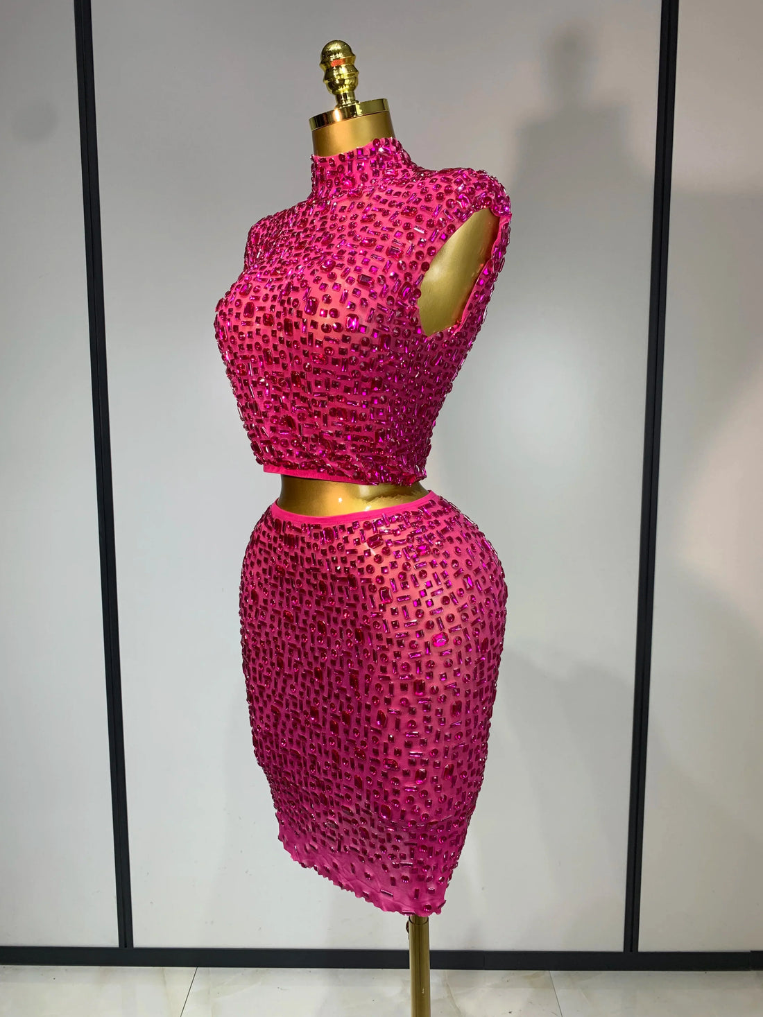 Sexy Sparkly Crystal Diamonds Mesh See Through Two Piece Set Women Elegant Evening Party Costume Singer Stage Performance Outfit Rose Red