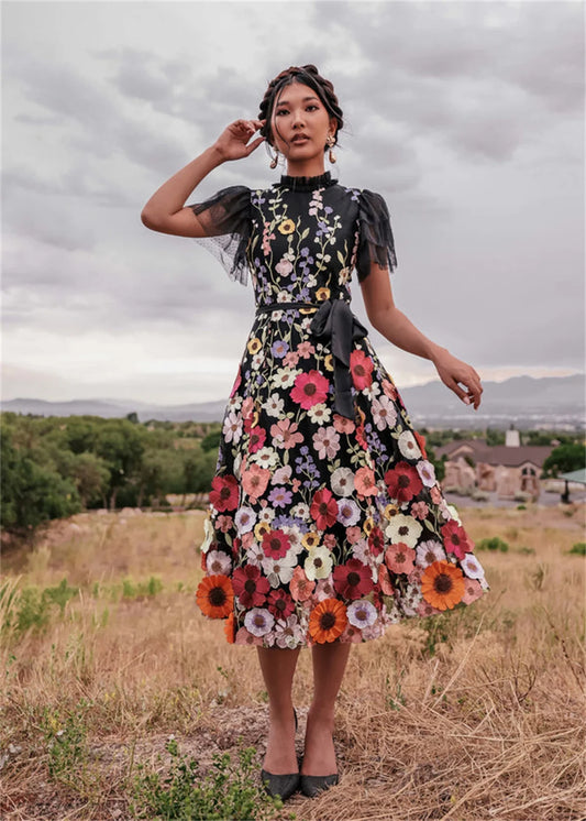 Vestido De fiesta con bordado De encaje De flores góticas Hada negra فساتين السهرة Vestidos De Noche dulces De manga corta