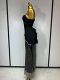Black Design Sleeveless Rhinestone Top + Hot diamond Skirt Suit Evening Party Dress Nightclub Luxury Birthday Gown