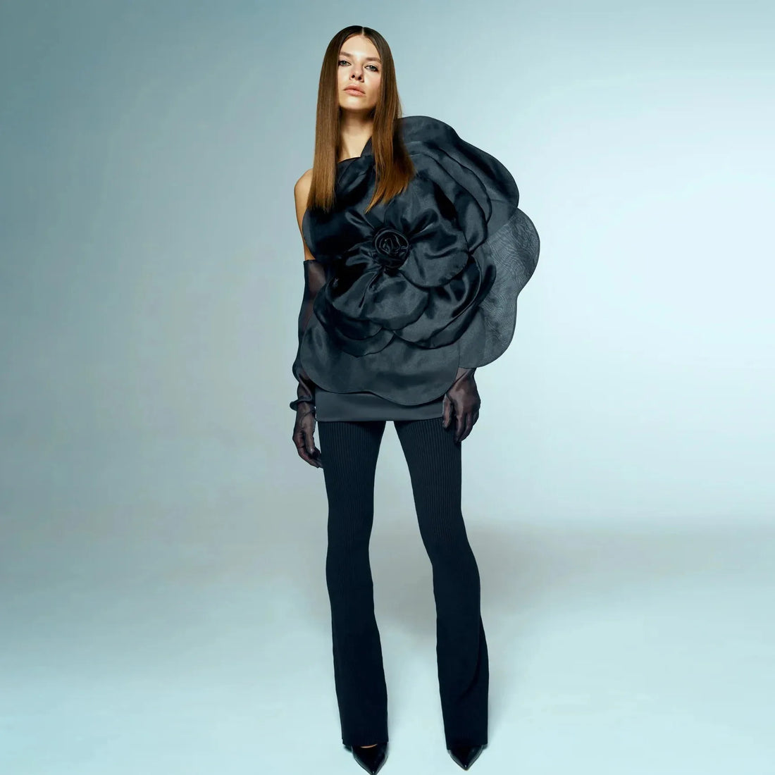 Chic Black Ruffled Flower Short Prom Dresses Hot Sale 3D Handmade Big Floral Women Cocktail Party Dress vestidos para mujer