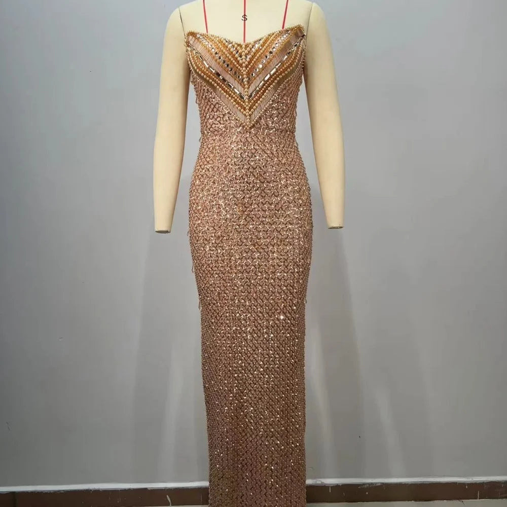 Stunning Strapless Sleeveless Black Crystal Sequin Dress Luxury Party Evening Gown Gold