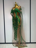 Sexy Mesh See Through Long Dress Sparkly Green Sequins Night Club Party Dress Cloak Birthday Celebrate Drag Queen Stage Costumes
