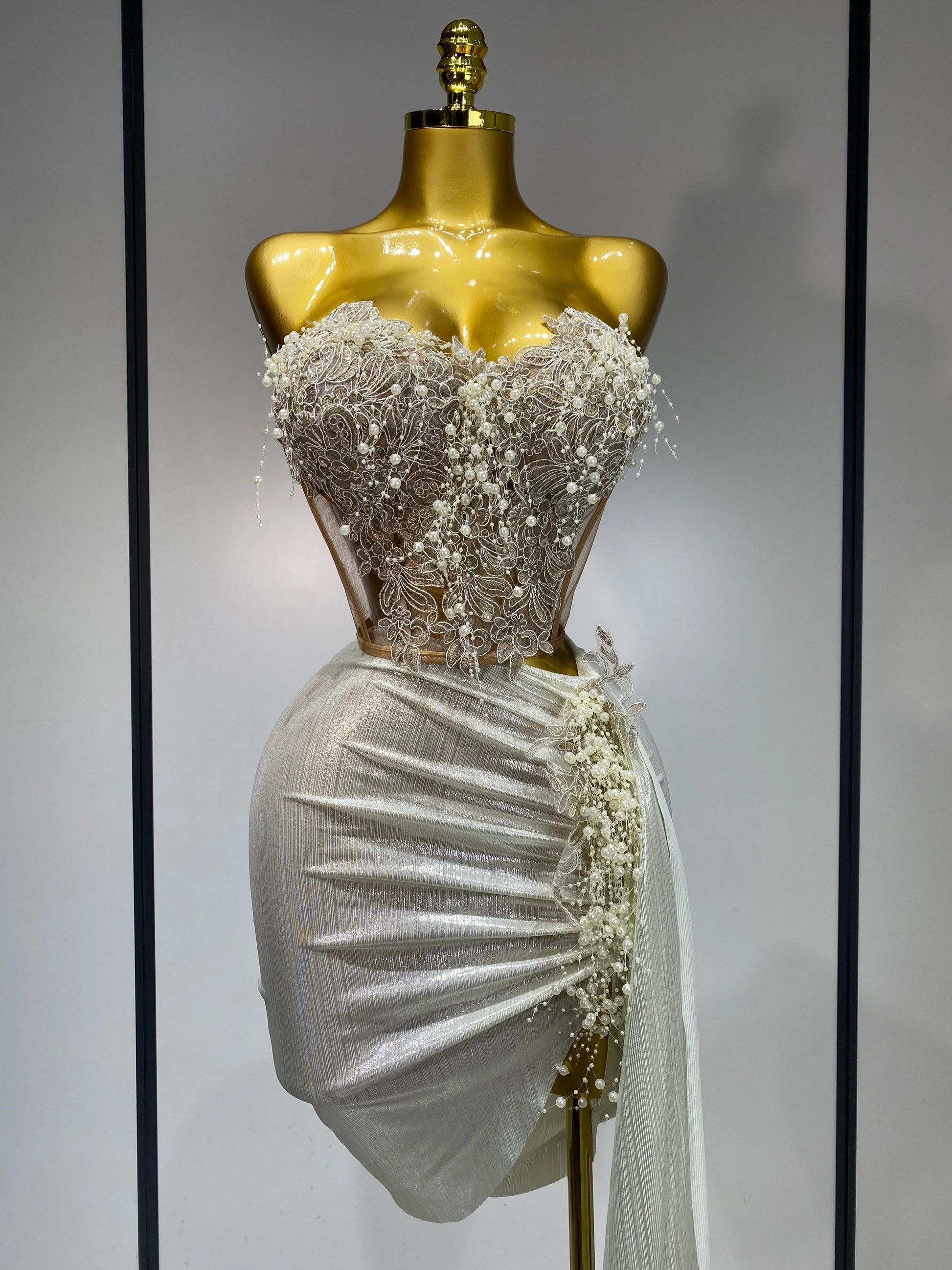 Elegant Sexy Pear Mesh See Through Two Piece Set Women Luxury Birthday Party Prom Gown Singer Nightclub Hotwife Stage Outfit Beige