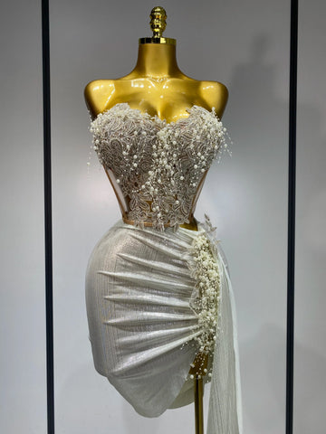 Elegant Sexy Pear Mesh See Through Two Piece Set Women Luxury Birthday Party Prom Gown Singer Nightclub Hotwife Stage Outfit Beige